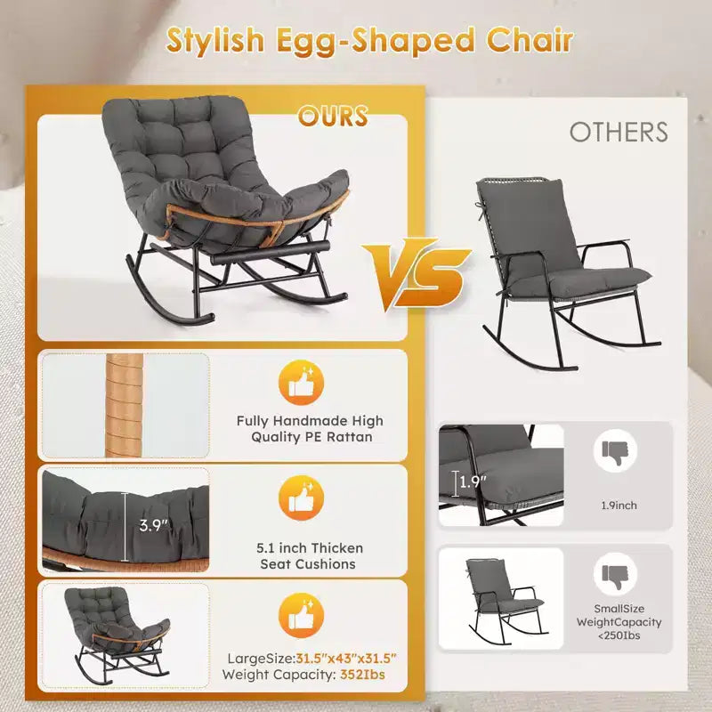 Fauteuil Papasan à bascule avec coussin épais, repose-pieds en métal et cadre en rotin PE – Intérieur/Extérieur