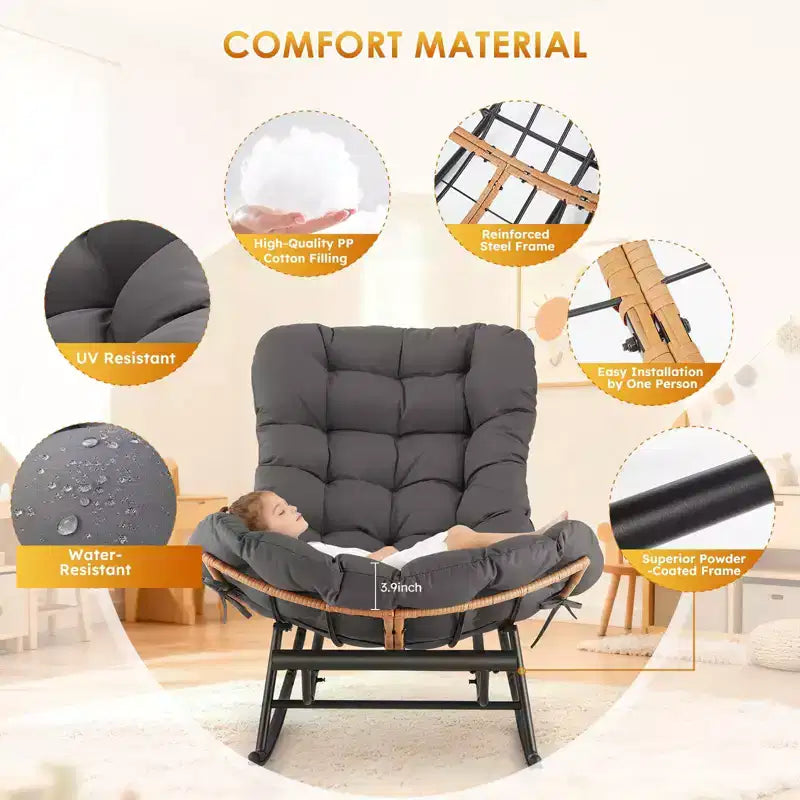 Fauteuil Papasan à bascule avec coussin épais, repose-pieds en métal et cadre en rotin PE – Intérieur/Extérieur