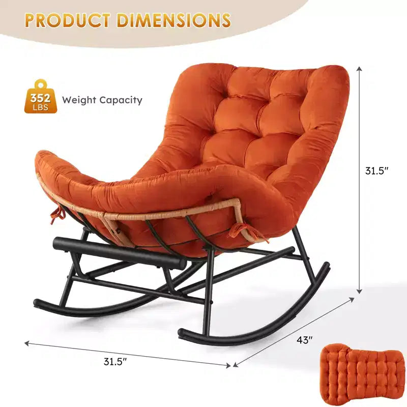 Fauteuil Papasan à bascule avec coussin épais, repose-pieds en métal et cadre en rotin PE – Intérieur/Extérieur