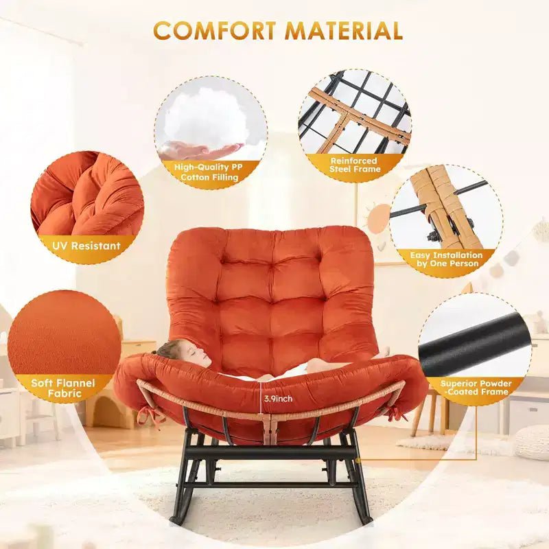 Fauteuil Papasan à bascule avec coussin épais, repose-pieds en métal et cadre en rotin PE – Intérieur/Extérieur