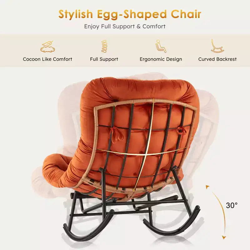 Fauteuil Papasan à bascule avec coussin épais, repose-pieds en métal et cadre en rotin PE – Intérieur/Extérieur