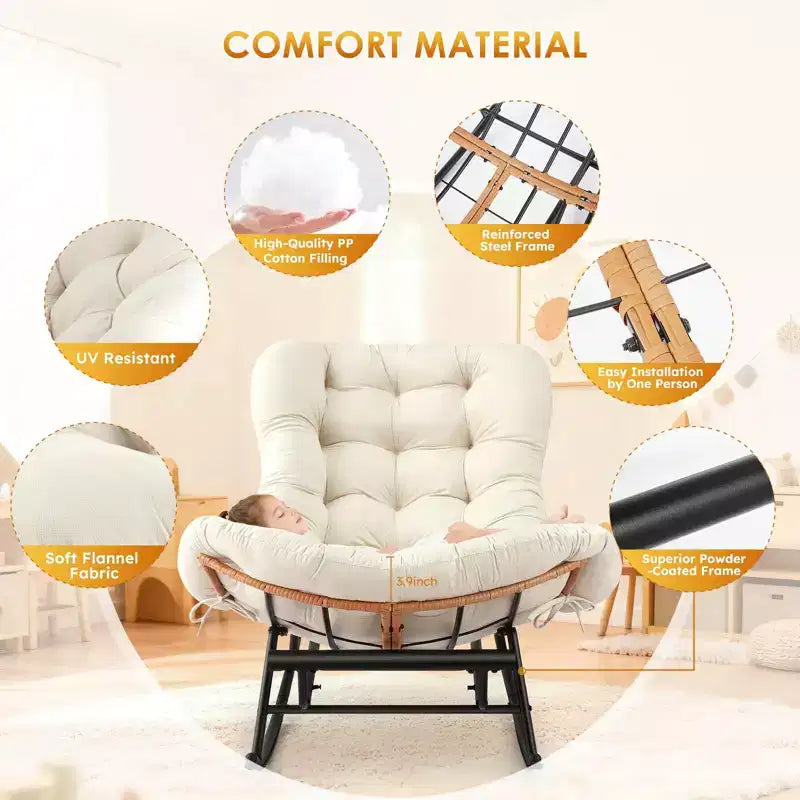 Fauteuil Papasan à bascule avec coussin épais, repose-pieds en métal et cadre en rotin PE – Intérieur/Extérieur