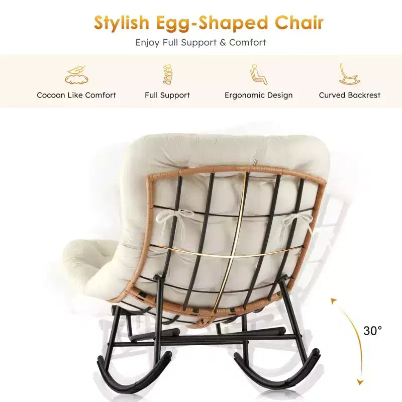 Fauteuil Papasan à bascule avec coussin épais, repose-pieds en métal et cadre en rotin PE – Intérieur/Extérieur
