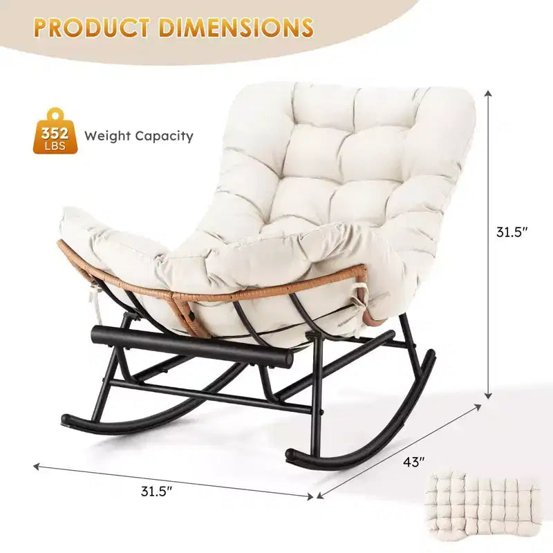 Fauteuil Papasan à bascule avec coussin épais, repose-pieds en métal et cadre en rotin PE – Intérieur/Extérieur