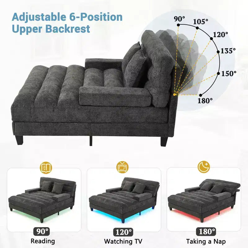 Canapé de relaxation moderne de 145 cm avec dossier 6 positions et lumières LED RGB – Capacité 300 kg, Chenille
