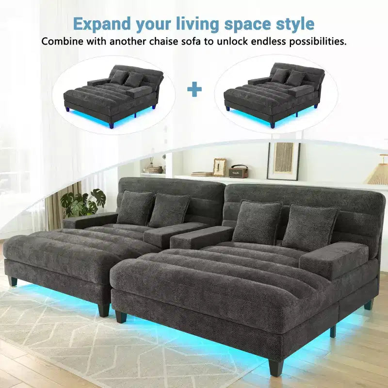 Canapé de relaxation moderne de 145 cm avec dossier 6 positions et lumières LED RGB – Capacité 300 kg, Chenille