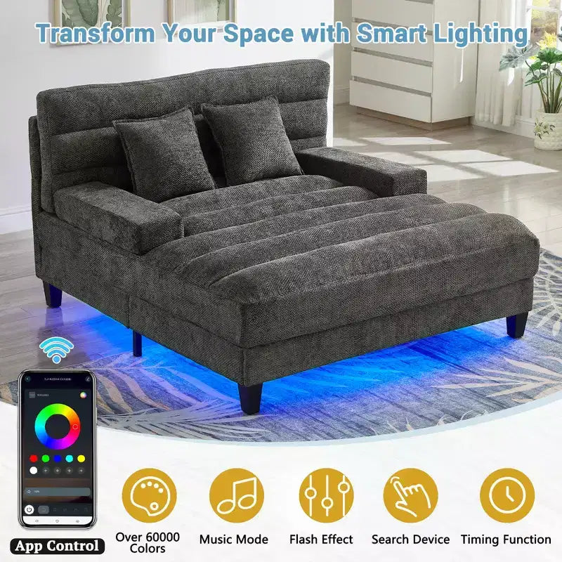 Canapé de relaxation moderne de 145 cm avec dossier 6 positions et lumières LED RGB – Capacité 300 kg, Chenille