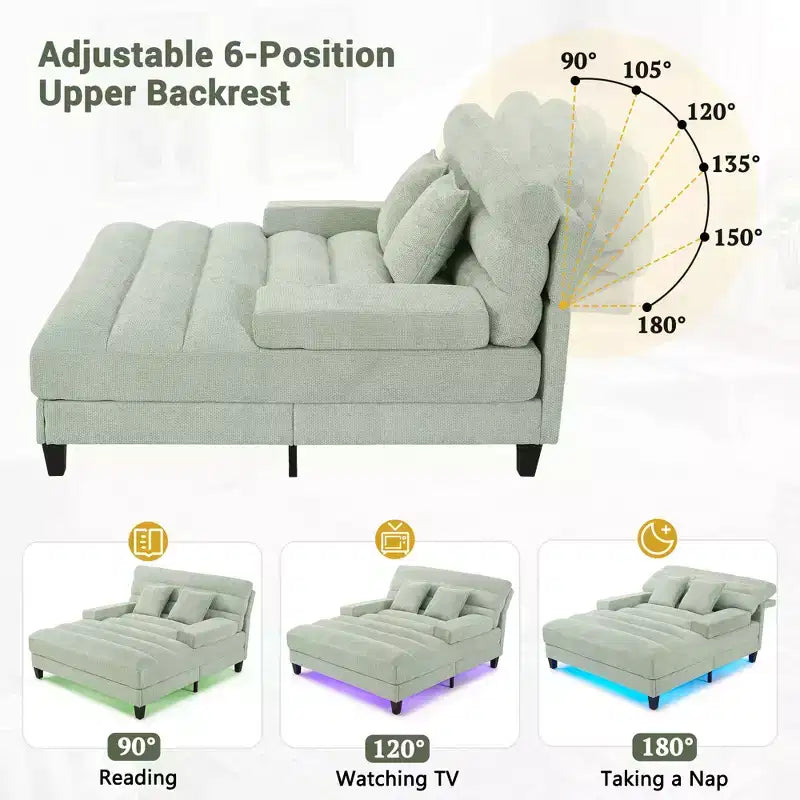 Canapé de relaxation moderne de 145 cm avec dossier 6 positions et lumières LED RGB – Capacité 300 kg, Chenille