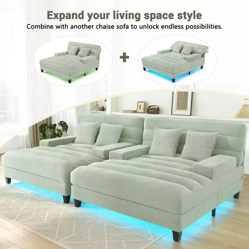 Canapé de relaxation moderne de 145 cm avec dossier 6 positions et lumières LED RGB – Capacité 300 kg, Chenille