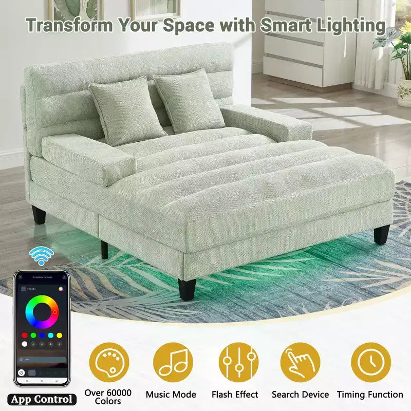 Canapé de relaxation moderne de 145 cm avec dossier 6 positions et lumières LED RGB – Capacité 300 kg, Chenille