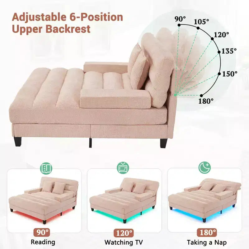 Canapé de relaxation moderne de 145 cm avec dossier 6 positions et lumières LED RGB – Capacité 300 kg, Chenille