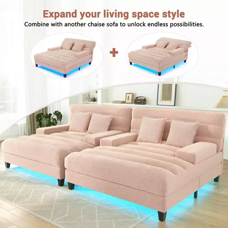 Canapé de relaxation moderne de 145 cm avec dossier 6 positions et lumières LED RGB – Capacité 300 kg, Chenille