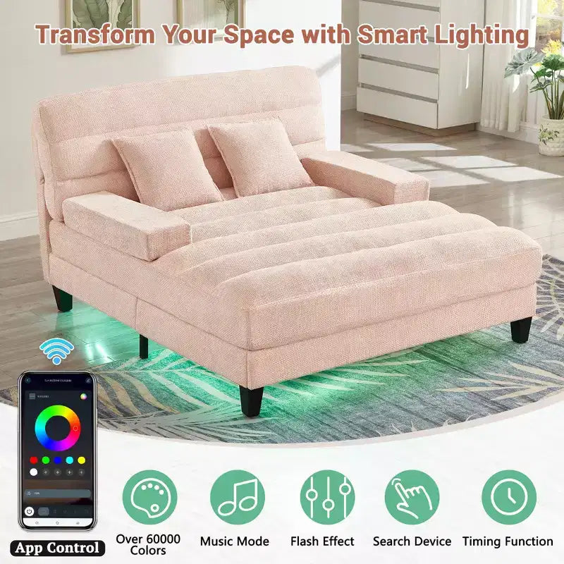 Canapé de relaxation moderne de 145 cm avec dossier 6 positions et lumières LED RGB – Capacité 300 kg, Chenille