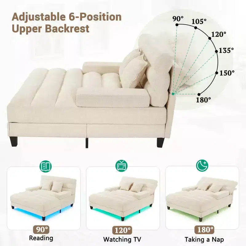 Canapé de relaxation moderne de 145 cm avec dossier 6 positions et lumières LED RGB – Capacité 300 kg, Chenille