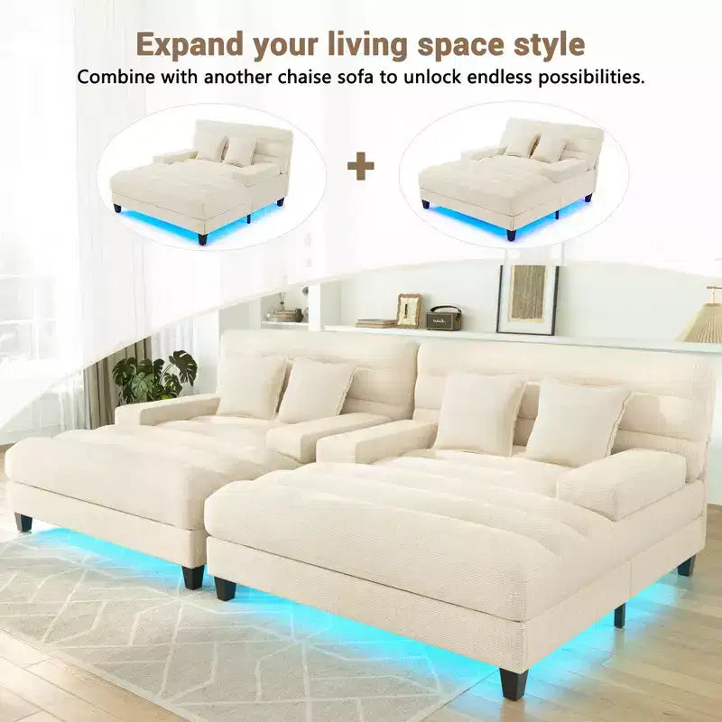 Canapé de relaxation moderne de 145 cm avec dossier 6 positions et lumières LED RGB – Capacité 300 kg, Chenille
