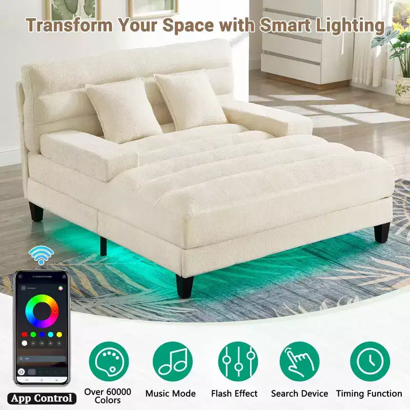Canapé de relaxation moderne de 145 cm avec dossier 6 positions et lumières LED RGB – Capacité 300 kg, Chenille