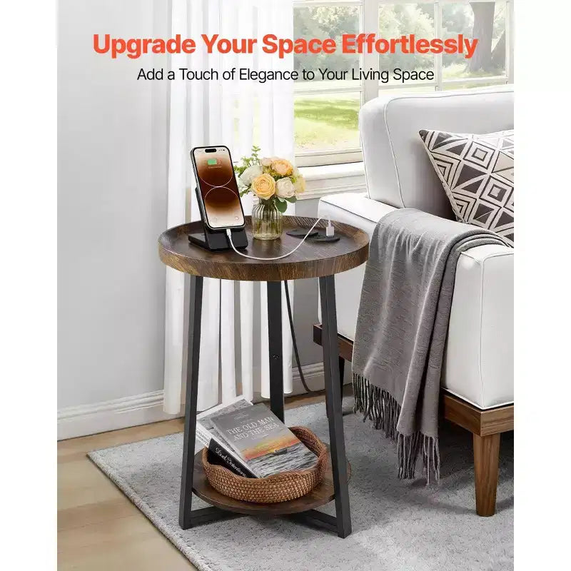 Table d'appoint ronde à 2 niveaux avec ports de chargement USB et CA – Structure métallique, capacité de 30 kg, style industriel
