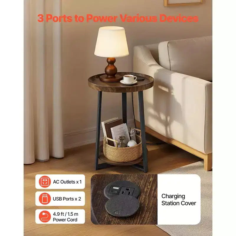 Table d'appoint ronde à 2 niveaux avec ports de chargement USB et CA – Structure métallique, capacité de 30 kg, style industriel