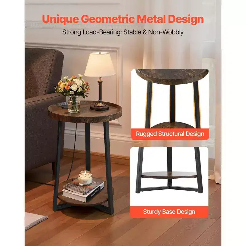 Table d'appoint ronde à 2 niveaux avec ports de chargement USB et CA – Structure métallique, capacité de 30 kg, style industriel