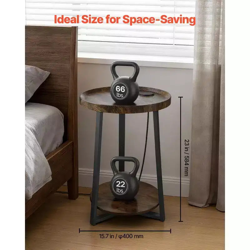 Table d'appoint ronde à 2 niveaux avec ports de chargement USB et CA – Structure métallique, capacité de 30 kg, style industriel