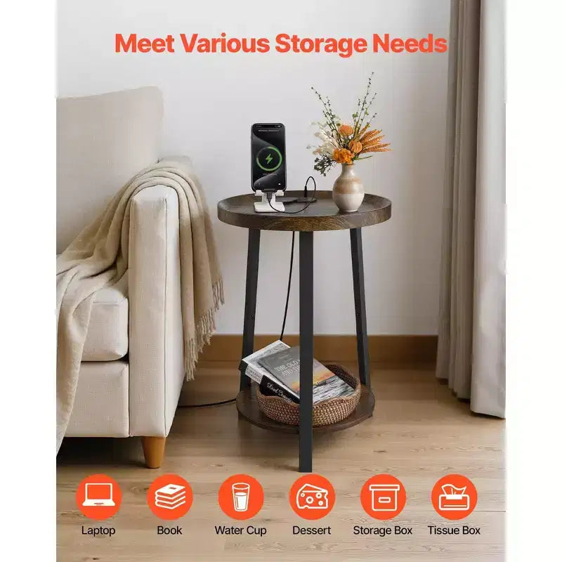 Table d'appoint ronde à 2 niveaux avec ports de chargement USB et CA – Structure métallique, capacité de 30 kg, style industriel