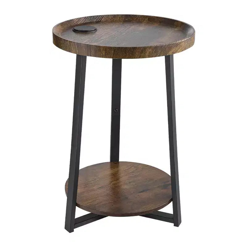 Table d'appoint ronde à 2 niveaux avec ports de chargement USB et CA – Structure métallique, capacité de 30 kg, style industriel