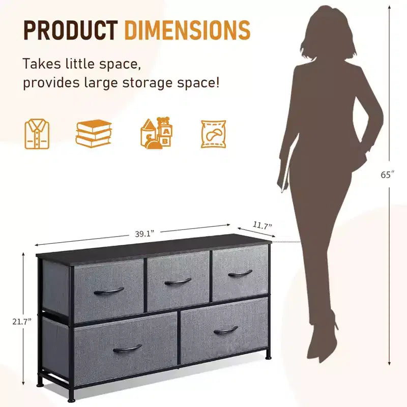 Commode de rangement en tissu à 5 tiroirs avec cadre en acier – 100 cm de large, Organisateur pour chambre et placard