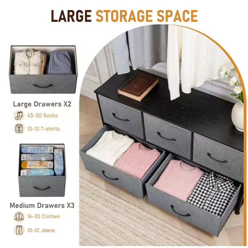 Commode de rangement en tissu à 5 tiroirs avec cadre en acier – 100 cm de large, Organisateur pour chambre et placard