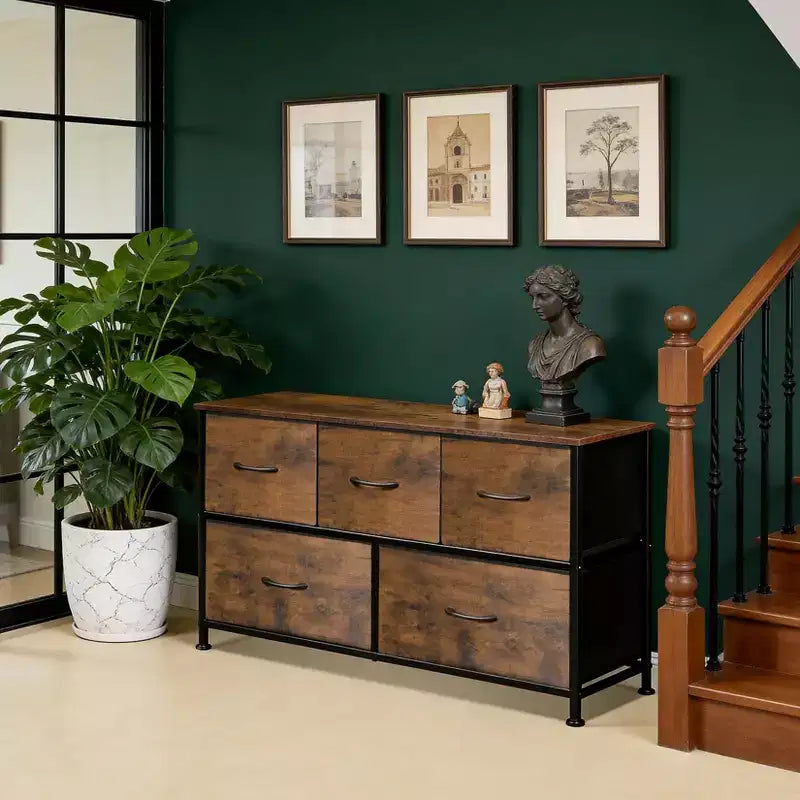 Commode de rangement en tissu à 5 tiroirs avec cadre en acier – 100 cm de large, Organisateur pour chambre et placard