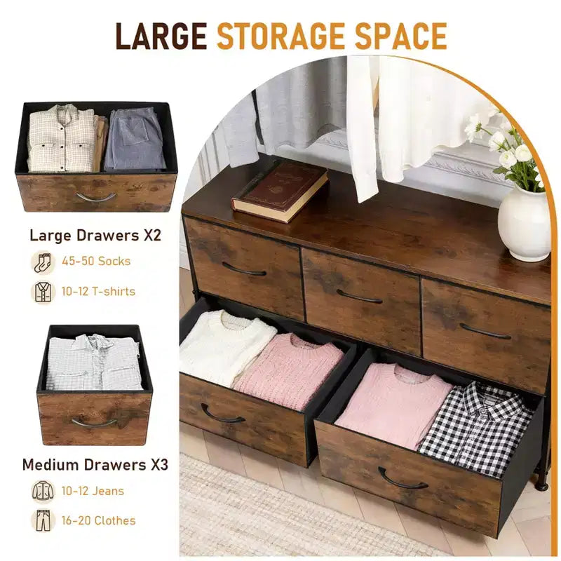 Commode de rangement en tissu à 5 tiroirs avec cadre en acier – 100 cm de large, Organisateur pour chambre et placard