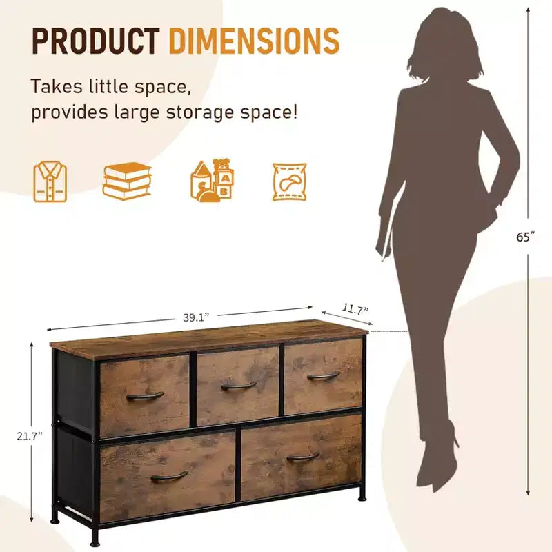 Commode de rangement en tissu à 5 tiroirs avec cadre en acier – 100 cm de large, Organisateur pour chambre et placard