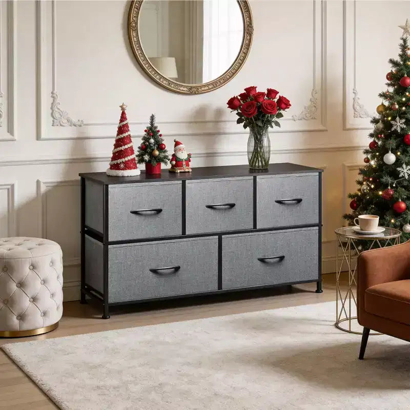 Commode de rangement en tissu à 5 tiroirs avec cadre en acier – 100 cm de large, Organisateur pour chambre et placard