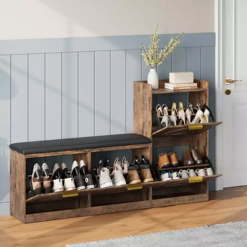 Banc à chaussures d'entrée avec 4 tiroirs basculants et siège rembourré – Peut contenir 40 paires, capacité de 154 kg