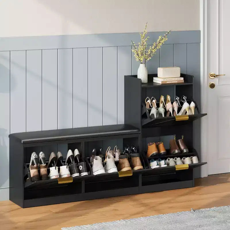 Banc à chaussures d'entrée avec 4 tiroirs basculants et siège rembourré – Peut contenir 40 paires, capacité de 154 kg