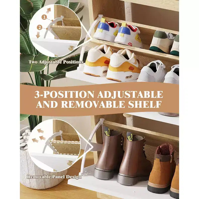 Meuble à chaussures étroit avec 4 tiroirs rotatifs et étagère ouverte – Peut contenir 18 paires, en bois, autoportant