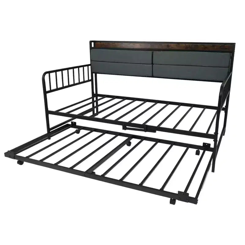 Costway Daybed with Trundle LED Lights Charging Station Upholstered Storage Headboard White/Rustic Brown & Black