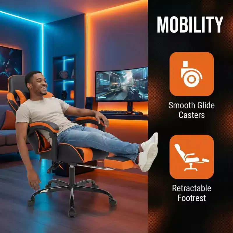 Chaise de jeu ergonomique avec repose-pieds, coussin lombaire massant, appui-tête et capacité de 150 kg