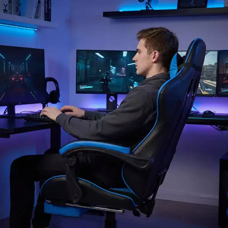 Chaise de jeu ergonomique avec repose-pieds, coussin lombaire massant, appui-tête et capacité de 150 kg