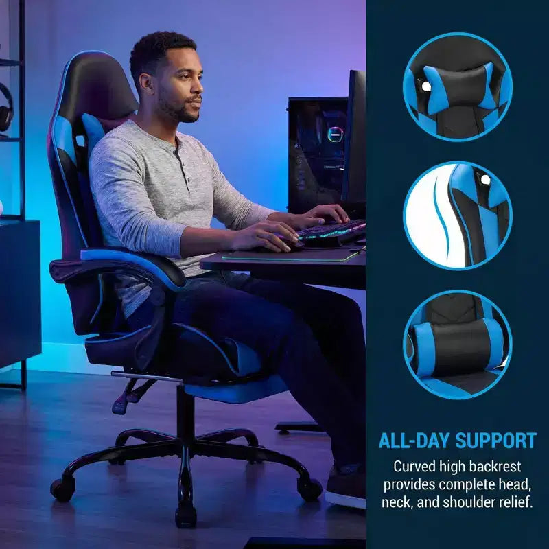 Chaise de jeu ergonomique avec repose-pieds, coussin lombaire massant, appui-tête et capacité de 150 kg