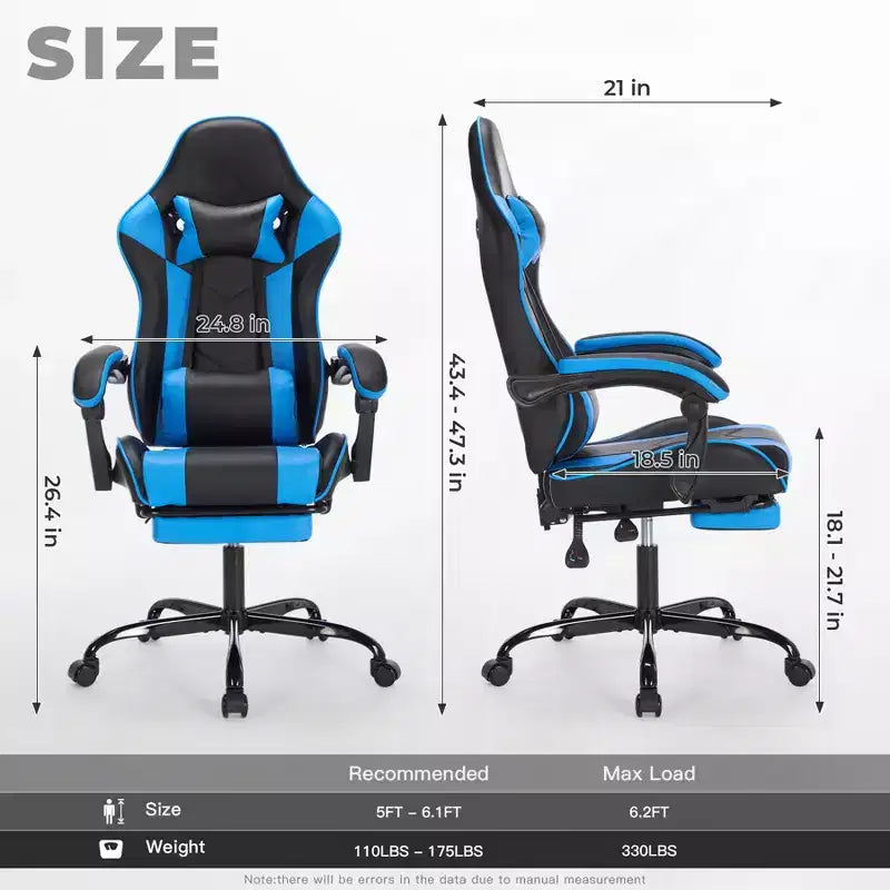 Chaise de jeu ergonomique avec repose-pieds, coussin lombaire massant, appui-tête et capacité de 150 kg