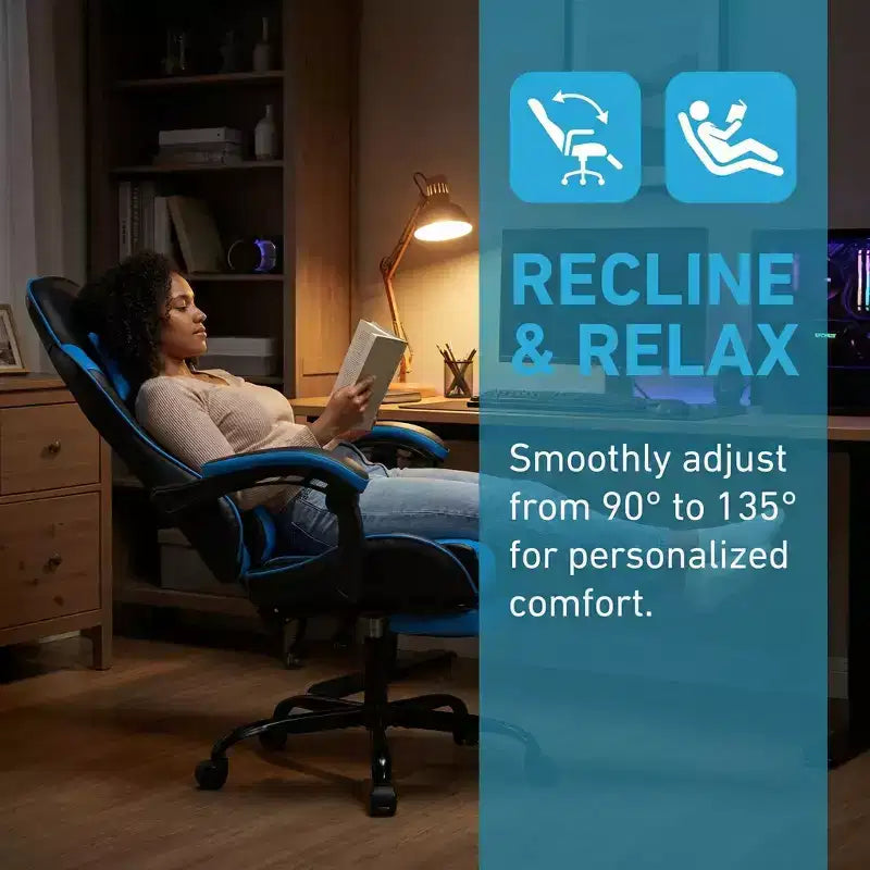 Chaise de jeu ergonomique avec repose-pieds, coussin lombaire massant, appui-tête et capacité de 150 kg