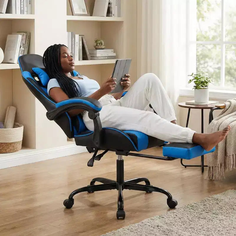 Chaise de jeu ergonomique avec repose-pieds, coussin lombaire massant, appui-tête et capacité de 150 kg