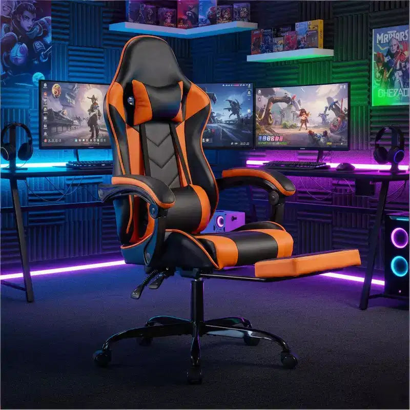 Chaise de jeu ergonomique avec repose-pieds, coussin lombaire massant, appui-tête et capacité de 150 kg