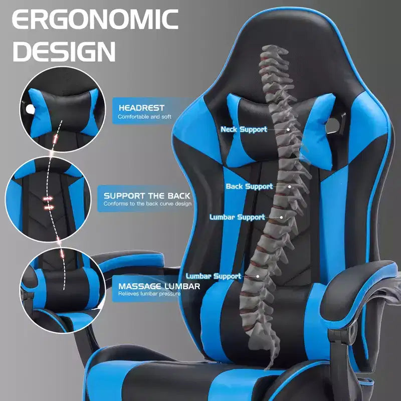 Chaise de jeu ergonomique avec repose-pieds, coussin lombaire massant, appui-tête et capacité de 150 kg