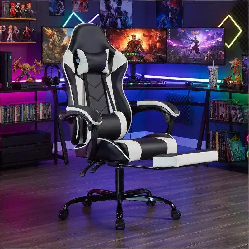 Chaise de jeu ergonomique avec repose-pieds, coussin lombaire massant, appui-tête et capacité de 150 kg