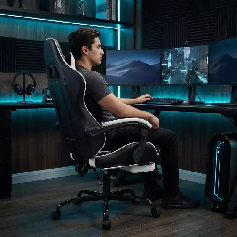 Chaise de jeu ergonomique avec repose-pieds, coussin lombaire massant, appui-tête et capacité de 150 kg