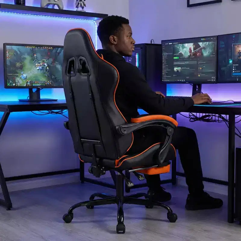 Chaise de jeu ergonomique avec repose-pieds, coussin lombaire massant, appui-tête et capacité de 150 kg