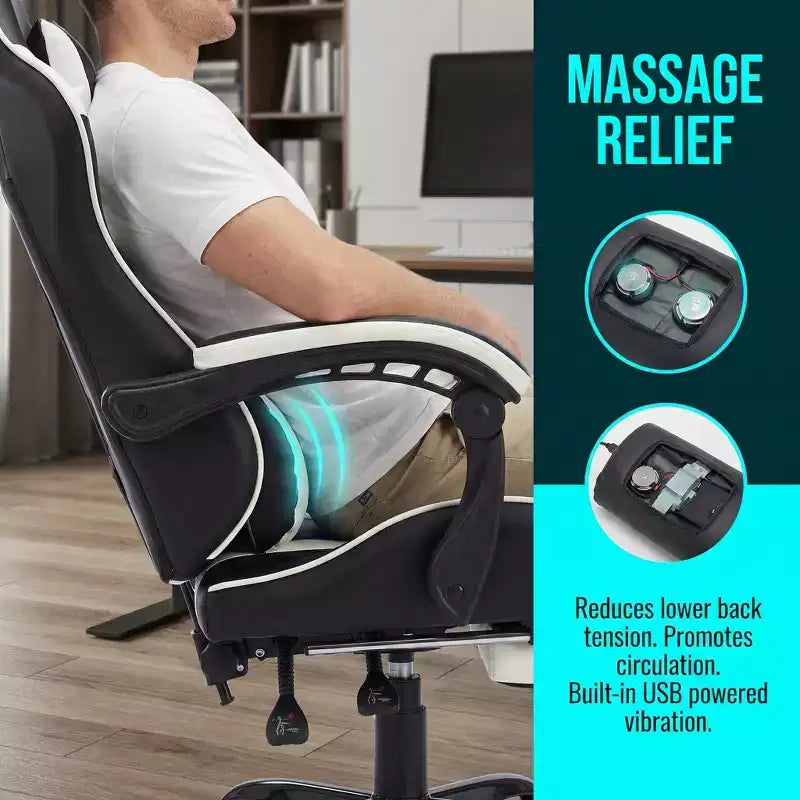 Chaise de jeu ergonomique avec repose-pieds, coussin lombaire massant, appui-tête et capacité de 150 kg
