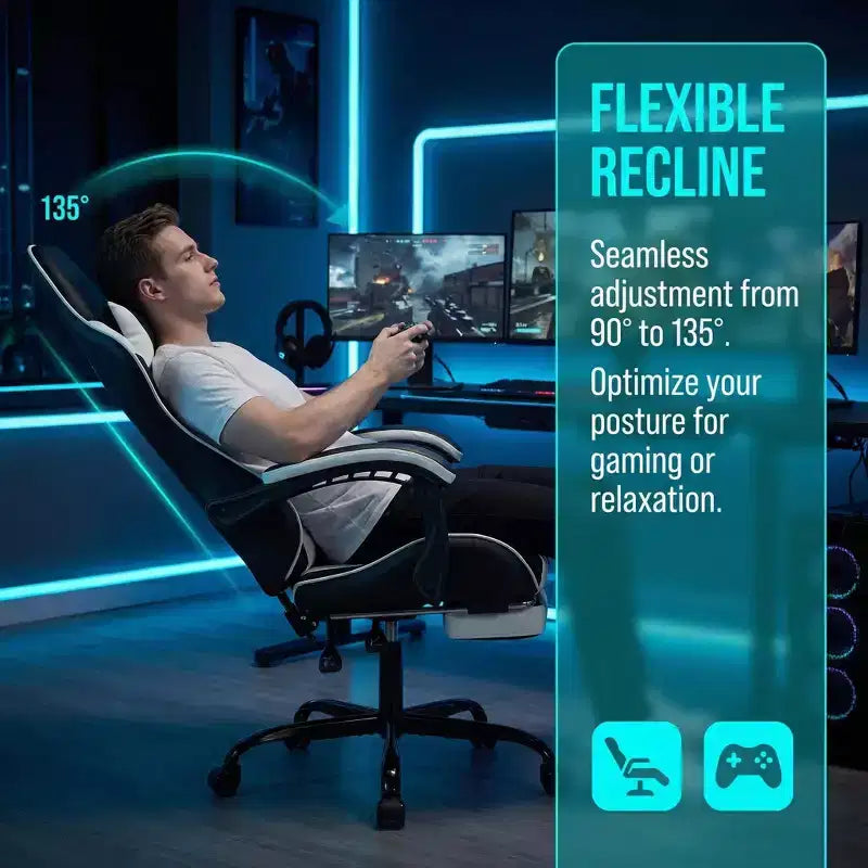 Chaise de jeu ergonomique avec repose-pieds, coussin lombaire massant, appui-tête et capacité de 150 kg
