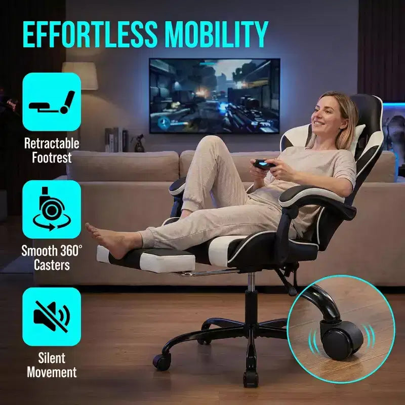 Chaise de jeu ergonomique avec repose-pieds, coussin lombaire massant, appui-tête et capacité de 150 kg